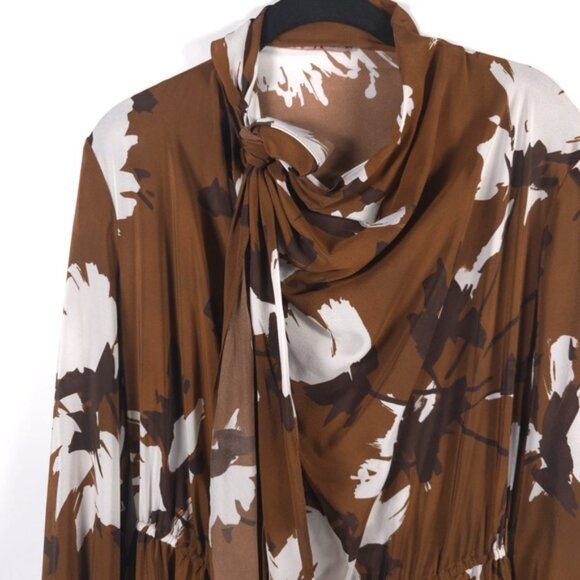 MaxMara Studio 100% SILK Floral Neck Tie Midi Dress Brown No Size Tag L / XL - Picture 11 of 14